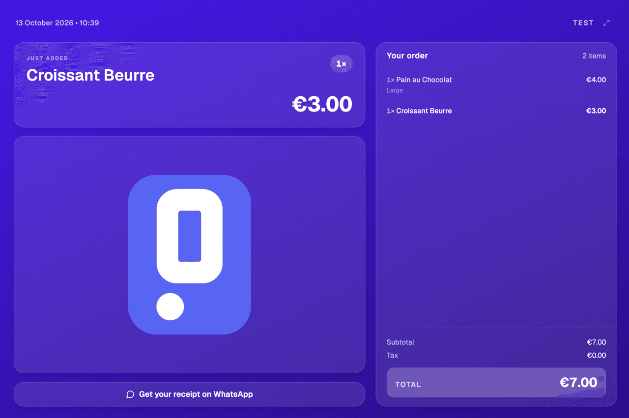 L'écran client : l'article qui vient d'être ajouté (un croissant, 3,00 €), la commande avec son total de 7,00 €, et un bouton pour recevoir le ticket sur WhatsApp.