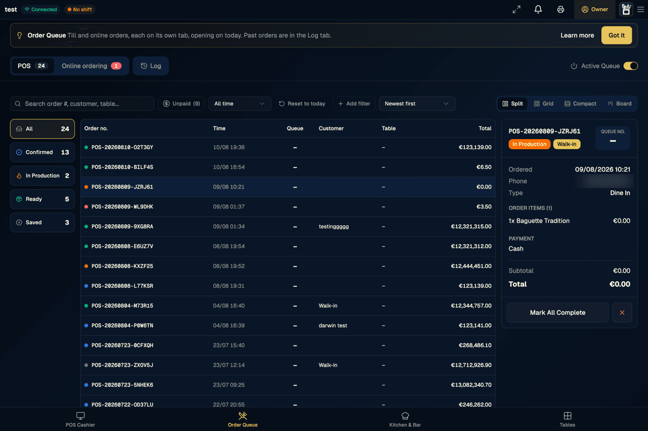 La file des commandes : les commandes de la caisse par numéro et par heure, des filtres Confirmées, En préparation, Prêtes et Enregistrées, et le détail d'une commande à droite.