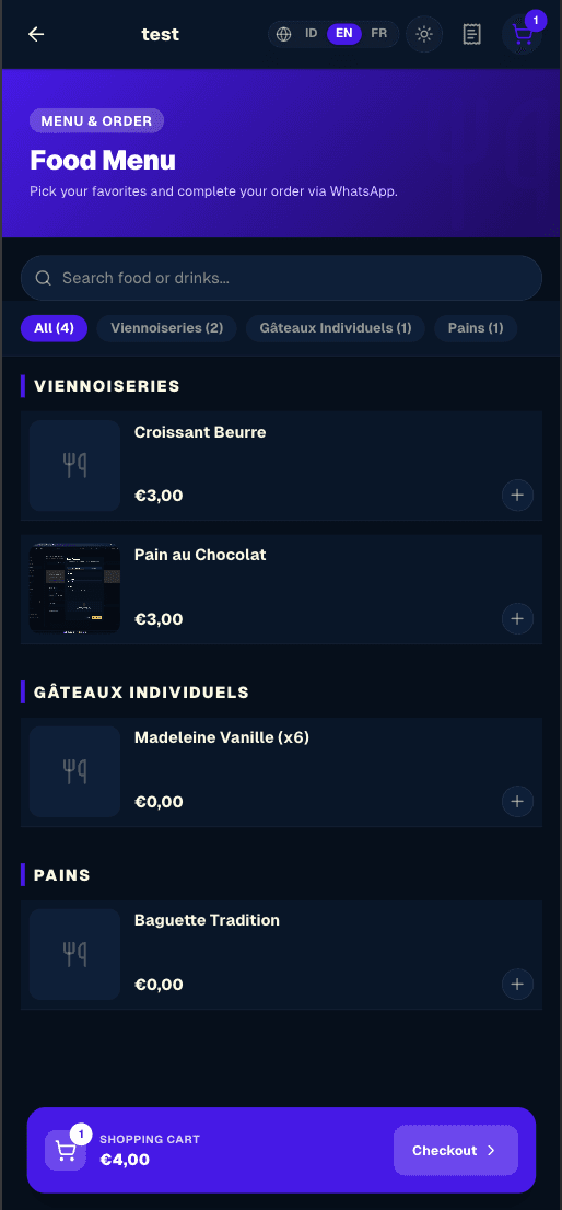 Le menu d'une vitrine sur téléphone : les catégories, les articles avec leur prix et un bouton d'ajout, et le panier en bas.